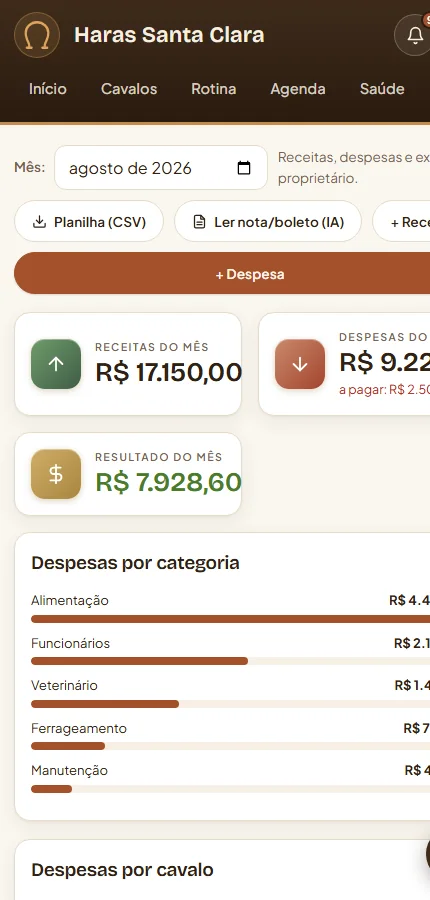 Tela financeira no celular, com os lançamentos do mês.