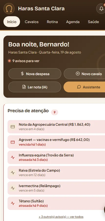 O HarasPlan aberto no celular, mostrando os avisos que precisam de atenção: contas vencendo e vacinas atrasadas.